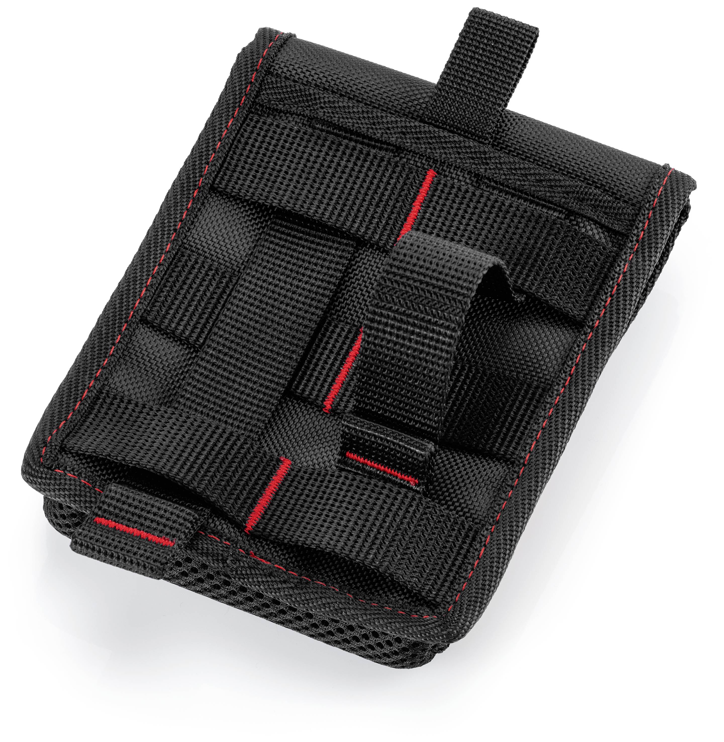 A black, hard-wearing bag with red stitching and multiple attachment loops, suitable for outdoor or sports equipment.