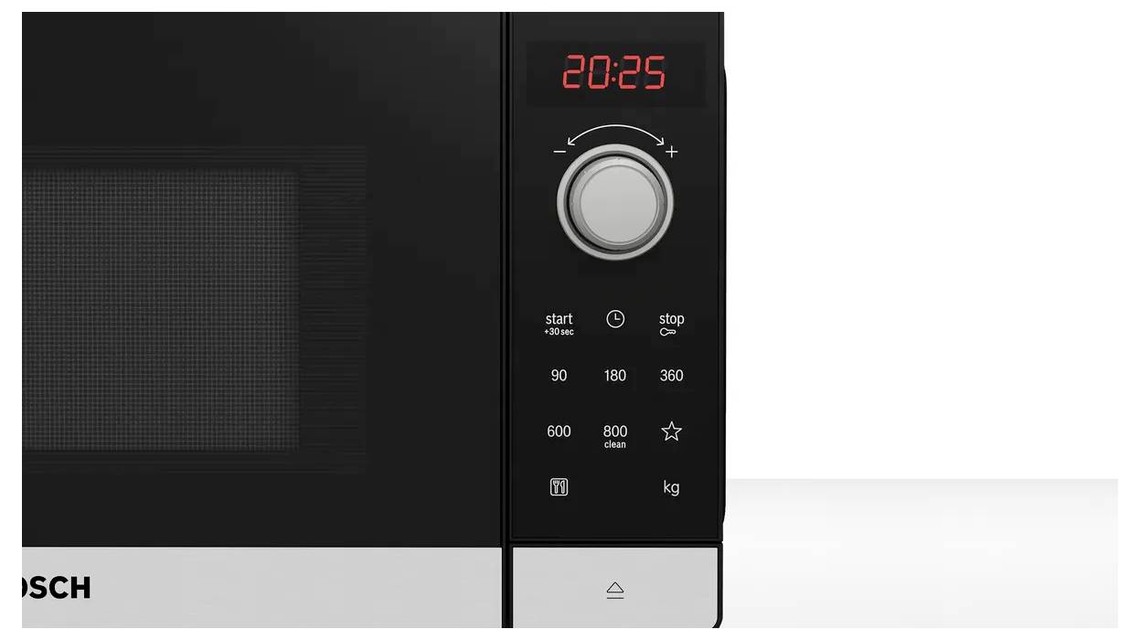 Microwave with digital clock, showing '20:25'. Control knob and buttons for start, stop and wattage (600, 180, 360).