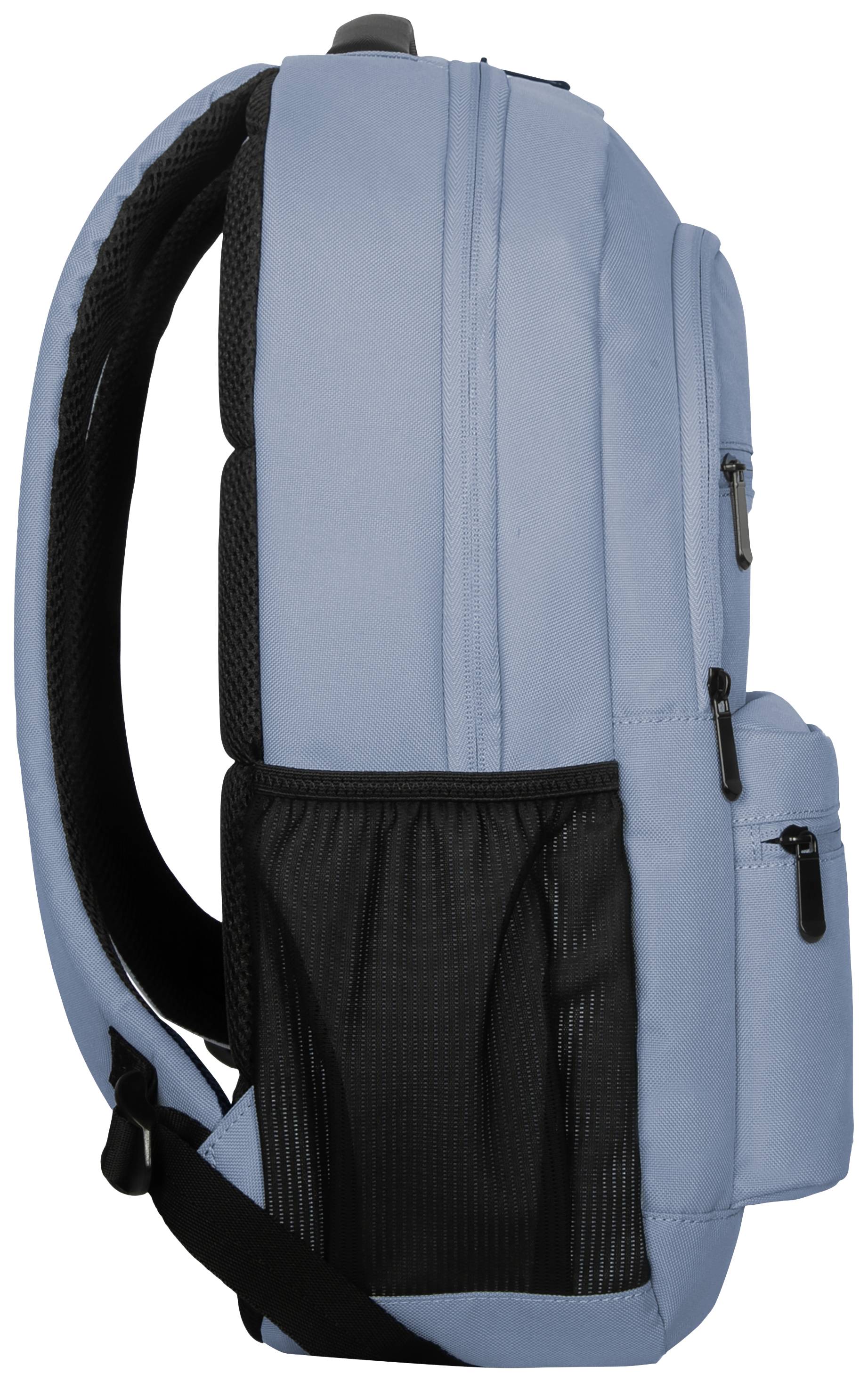 A blue rucksack from the side, showing multiple pockets and a padded back section. Ideal for school or travelling.