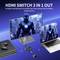 'HDMI Switch 3 in 1 Out' connects a laptop and monitor, showing a cyborg hero on the screens. A game controller lies beside it.