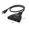 'Triple HDMI switcher with 3 inputs and 1 cable. Dimensions: 3.23 x 2.4 inches. Push buttons for input selection.'