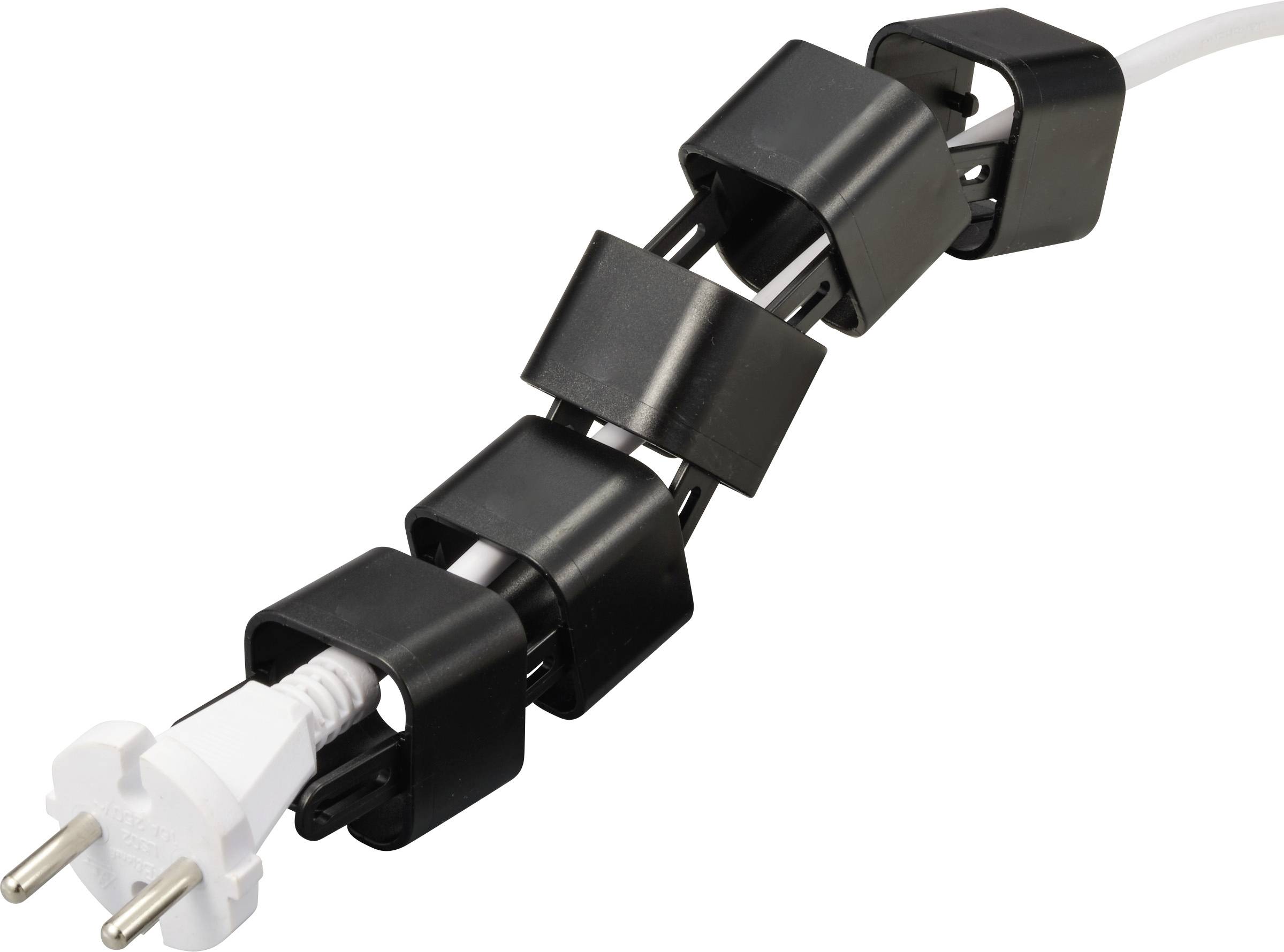 A white plug with several black clips holding the cable coiled up.