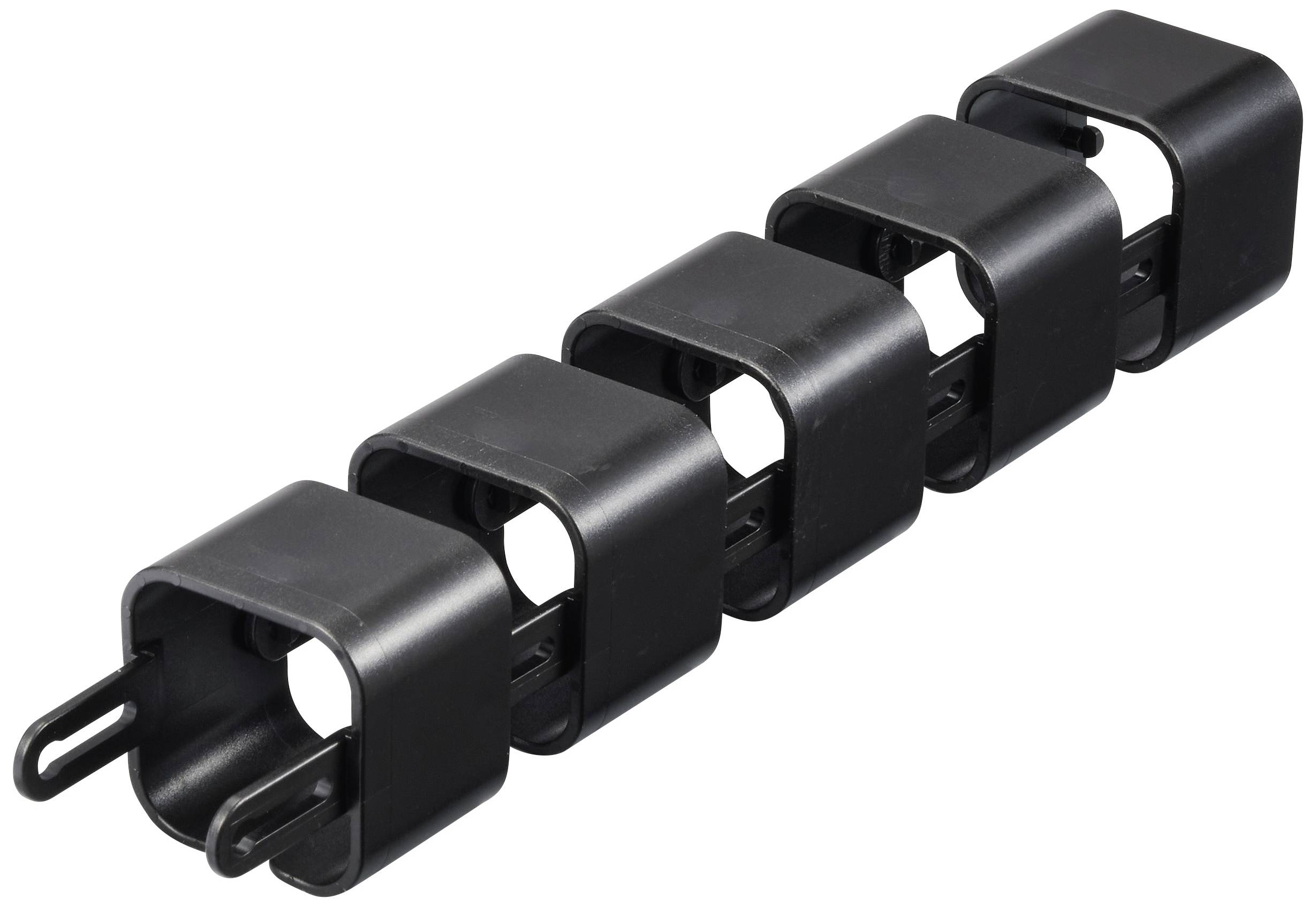 A row of five black plastic clips that are interconnected. They appear to be part of a cable management system.