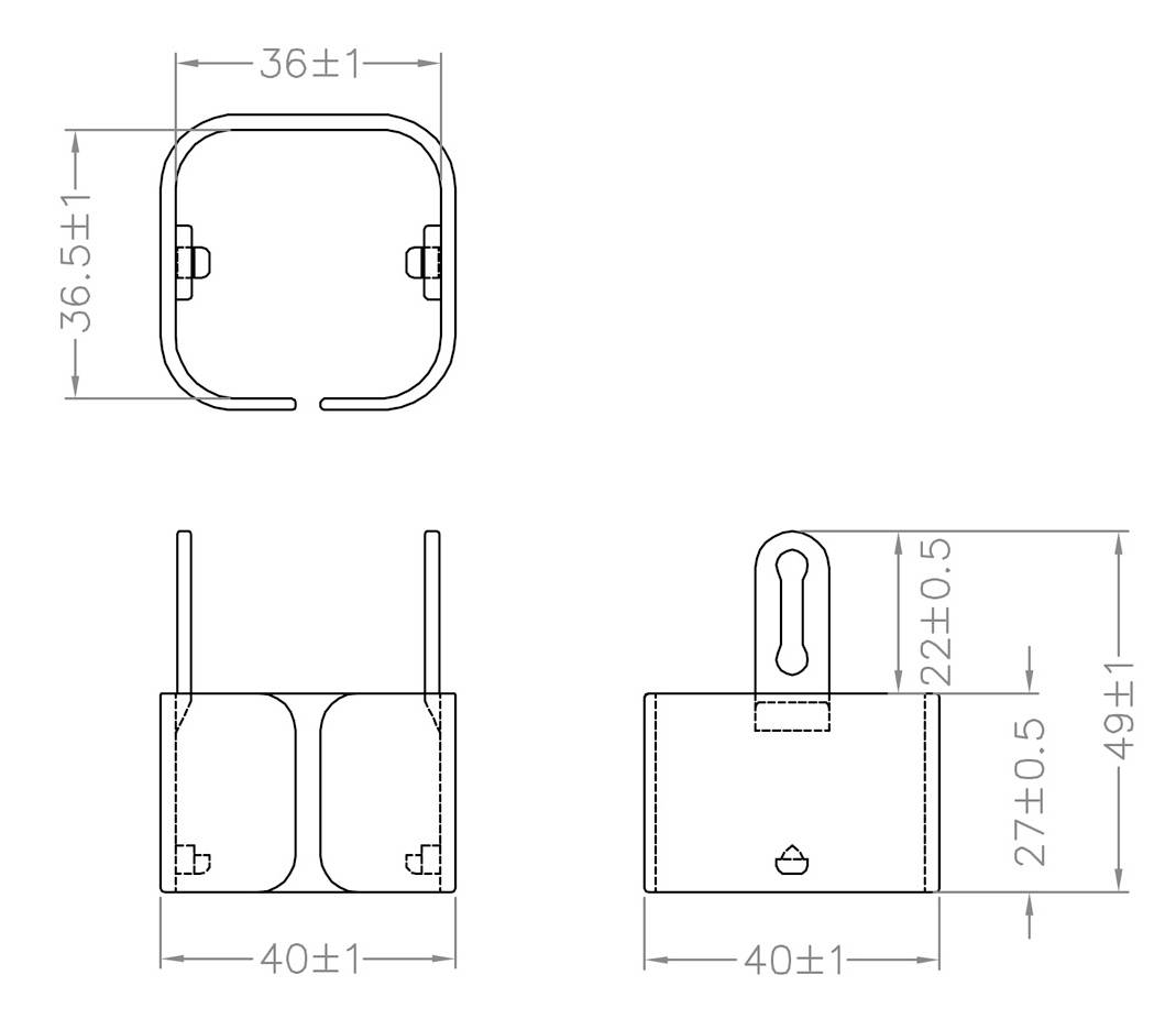 Technical drawing of a wall bracket with dimensions: top, front and side view; dimensions 36x36 mm, 40x49 mm specified.