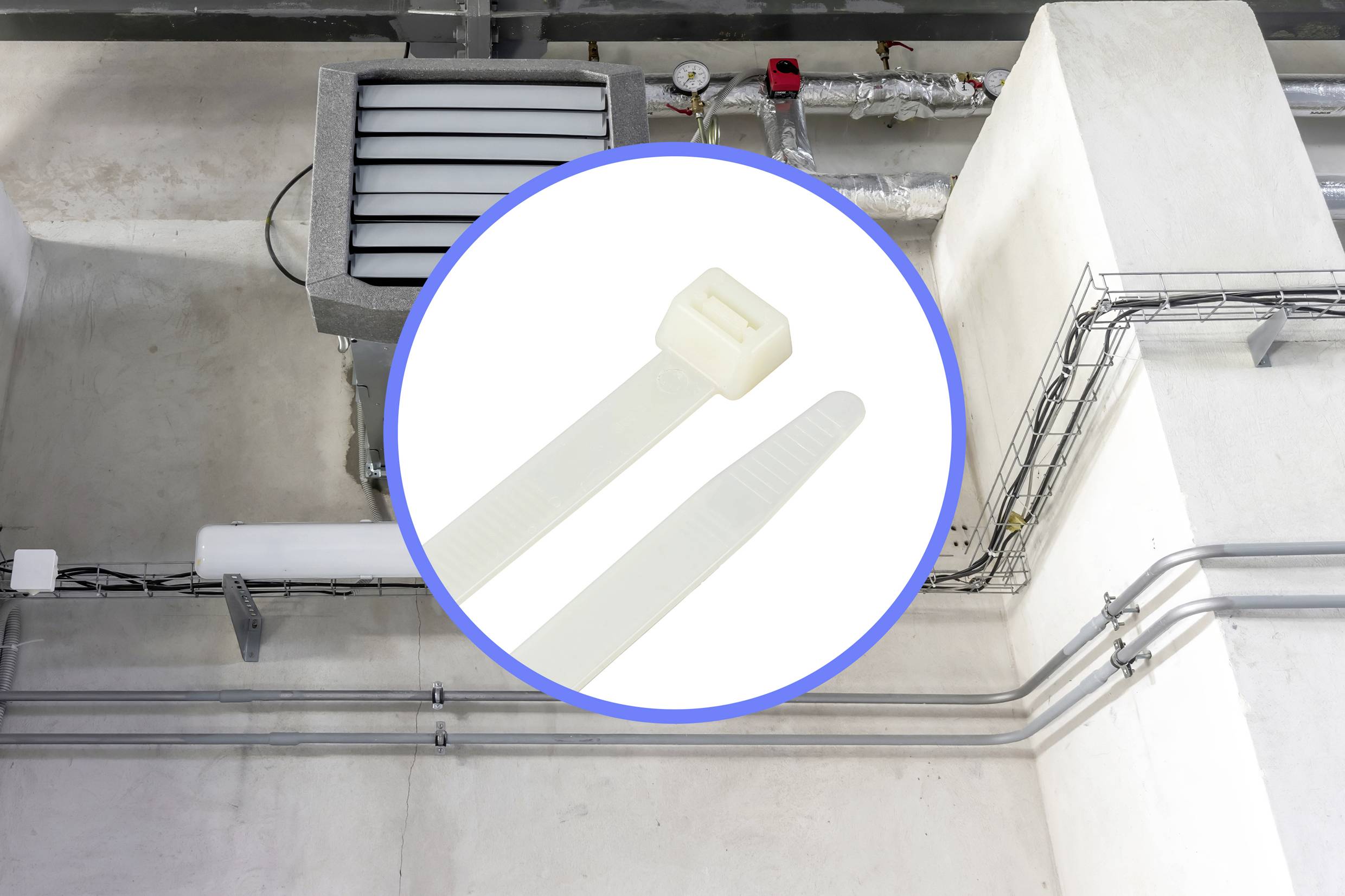 The image shows an industrial pipe installation with insulation and cables. A cable tie is depicted in a circle at the top.