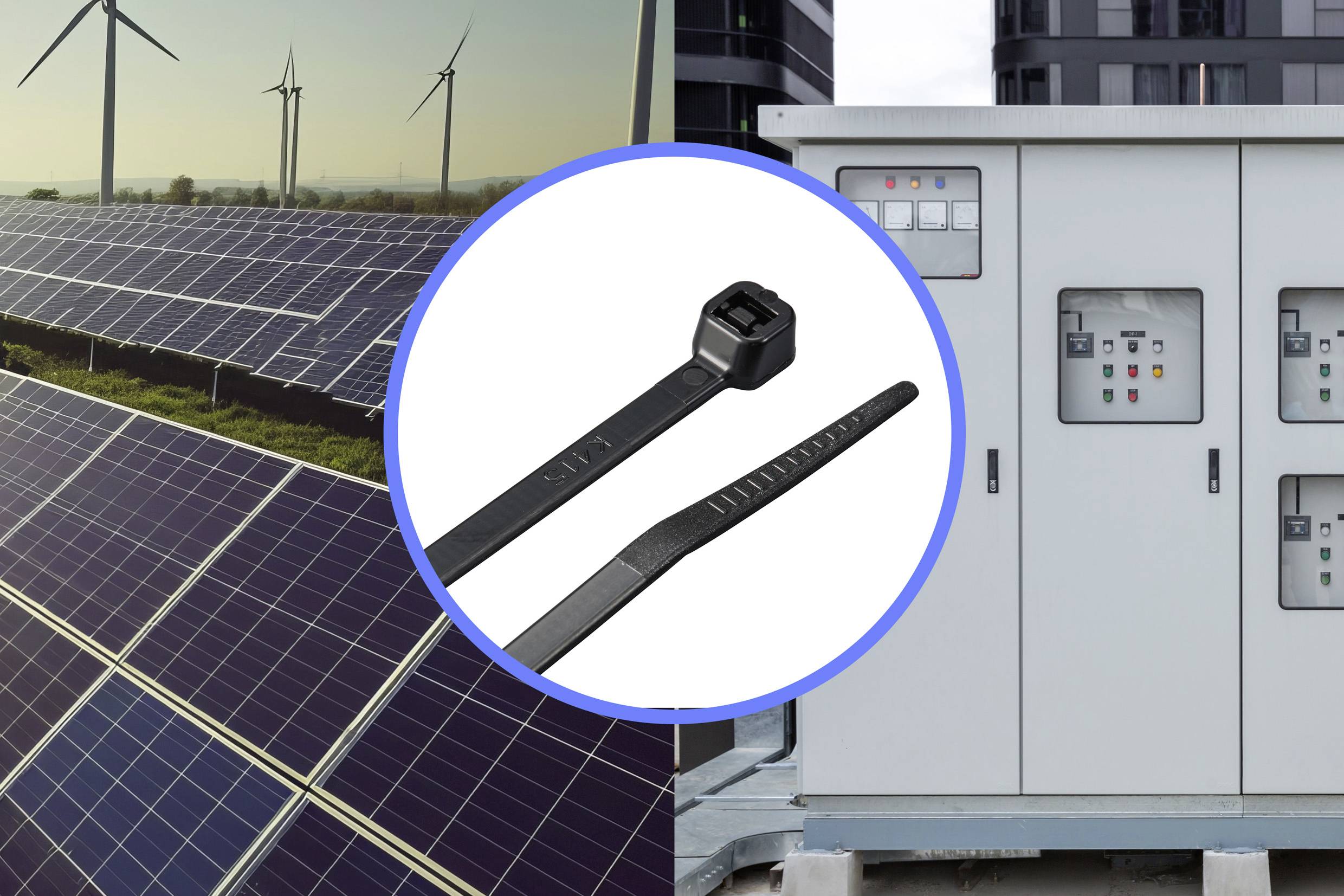 'Left: Solar panels and wind turbines under a blue sky. Right: Electrical control cabinet. Centre: Two black cable ties.'