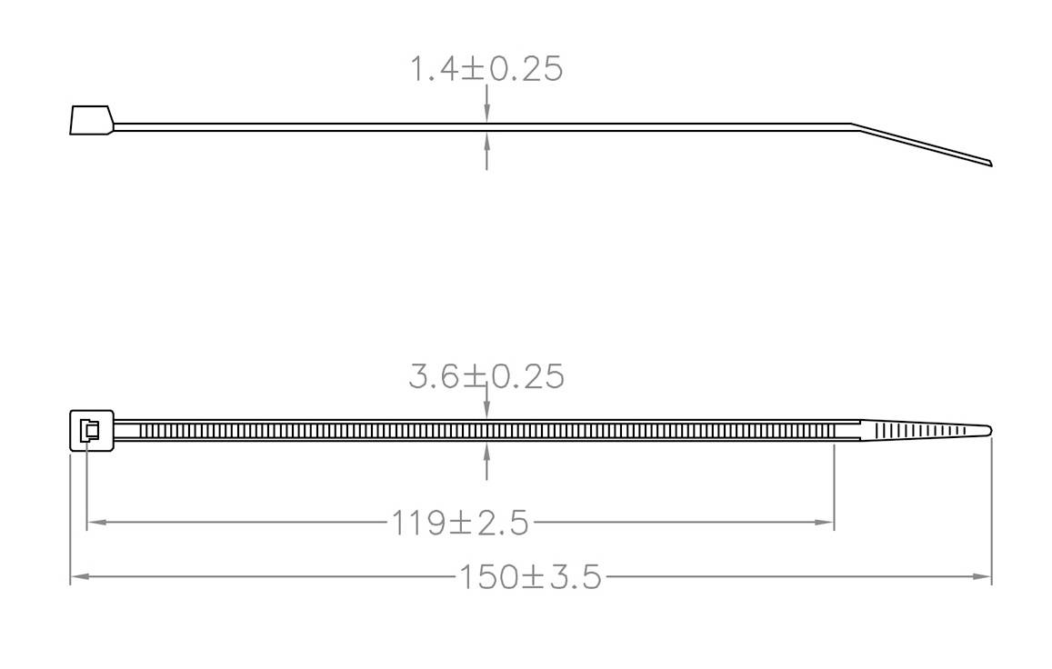 Diagram of two cable ties in different views with measurement units: length 150 mm, dimensions 1.4 mm and 3.6 mm.