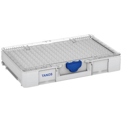 Grey, rectangular storage box with a transparent lid and blue handle, suitable for storing and organising small parts.