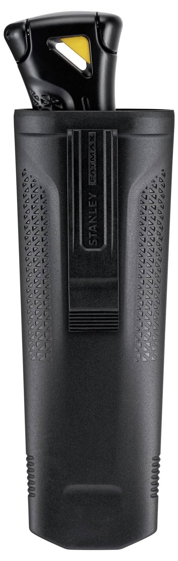 Black Stanley knife with integrated blade guard, handle partially visible. Suitable for safe cutting and storage.