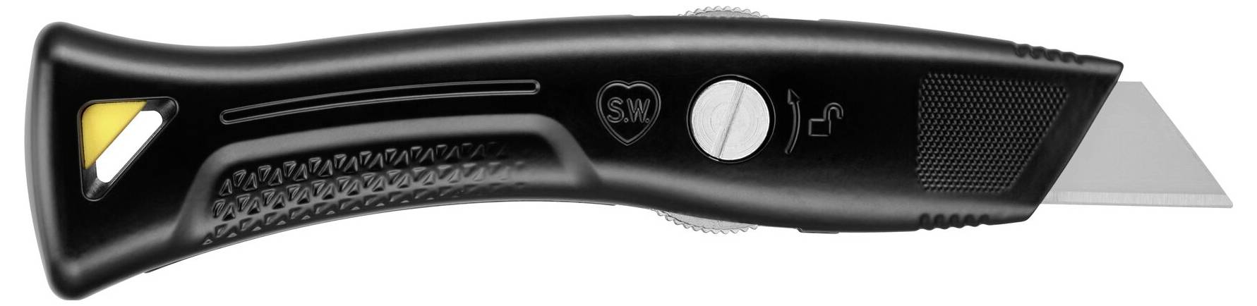 A black carpet knife with an ergonomic handle, safety button and protruding blade, with a yellow side button visible.
