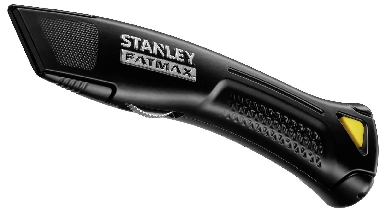 Black Stanley FatMax Stanley knife with ergonomic handle and yellow accent.