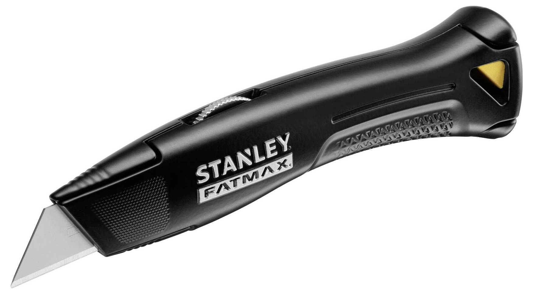 A black Stanley FatMax carpet knife with a blade, ergonomic handle, and yellow detail, suitable for precise cutting work.