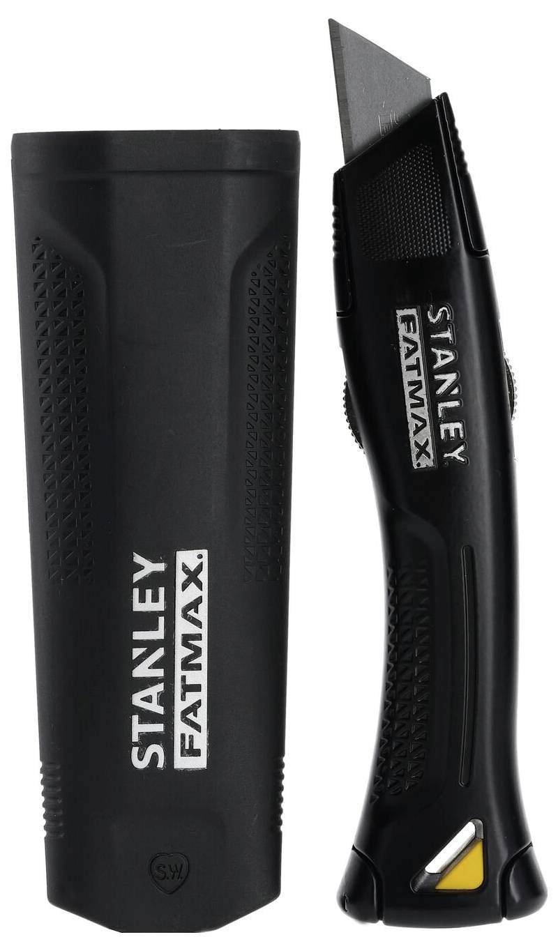 Stanley Fatmax black carpet knife with removable blade guard shown.