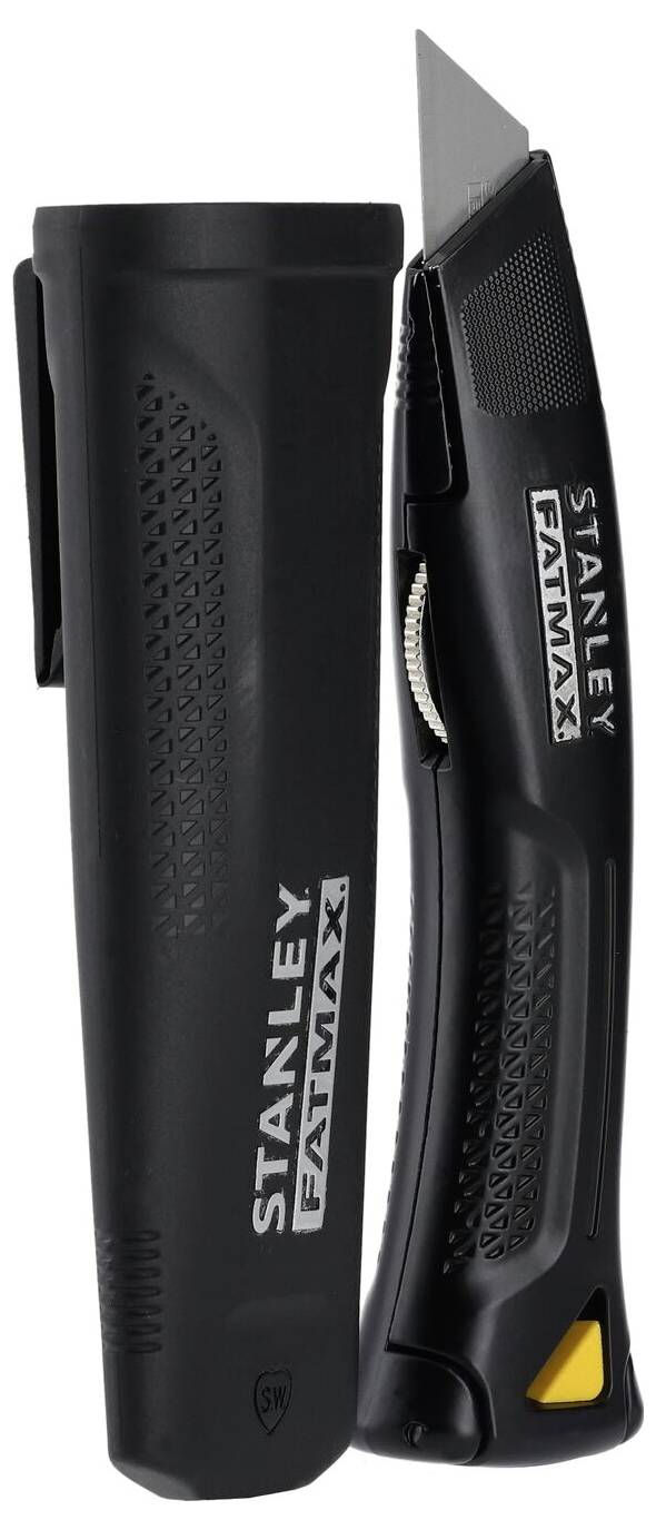 'Black Stanley FatMax universal knife with removable cap for blade security and ergonomic handle with non-slip surface.'