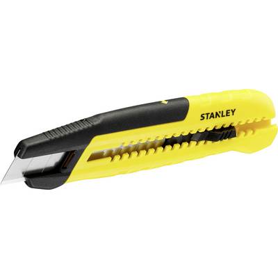 Yellow and black Stanley utility knife with retractable blade, suitable for cutting cardboard and other materials.