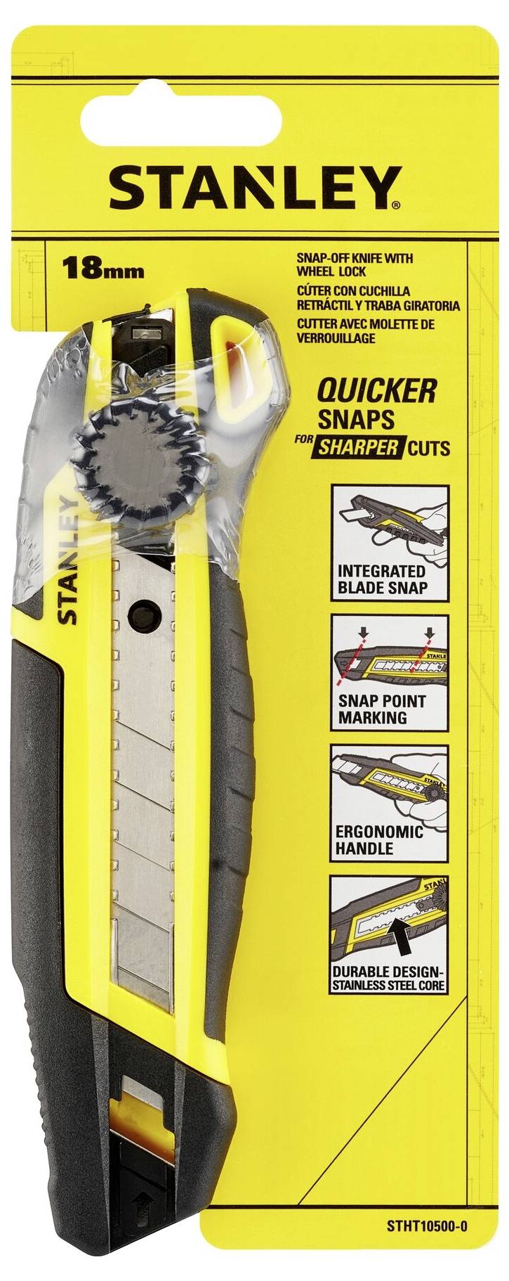 'Stanley Cutter with 18 mm Blade, Integrated Blade Snapper, Ergonomic Handle and Locking Function for Precise Cuts.'