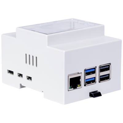 White plastic enclosure with USB ports and Ethernet connection; serves as a housing for electronic devices or Raspberry Pi.