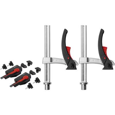 Two G-clamps with red handles and black end caps, accompanied by several black and red accessories.