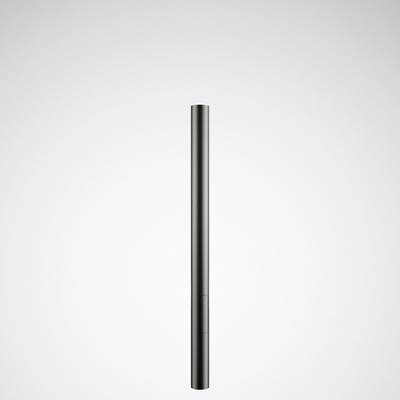 A black, slender condenser microphone positioned vertically against a light grey background.