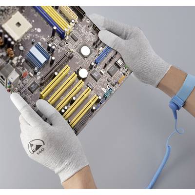 A pair of hands wearing ESD gloves are holding a circuit board, with an electrostatic protection wrist strap secured around the wrist.