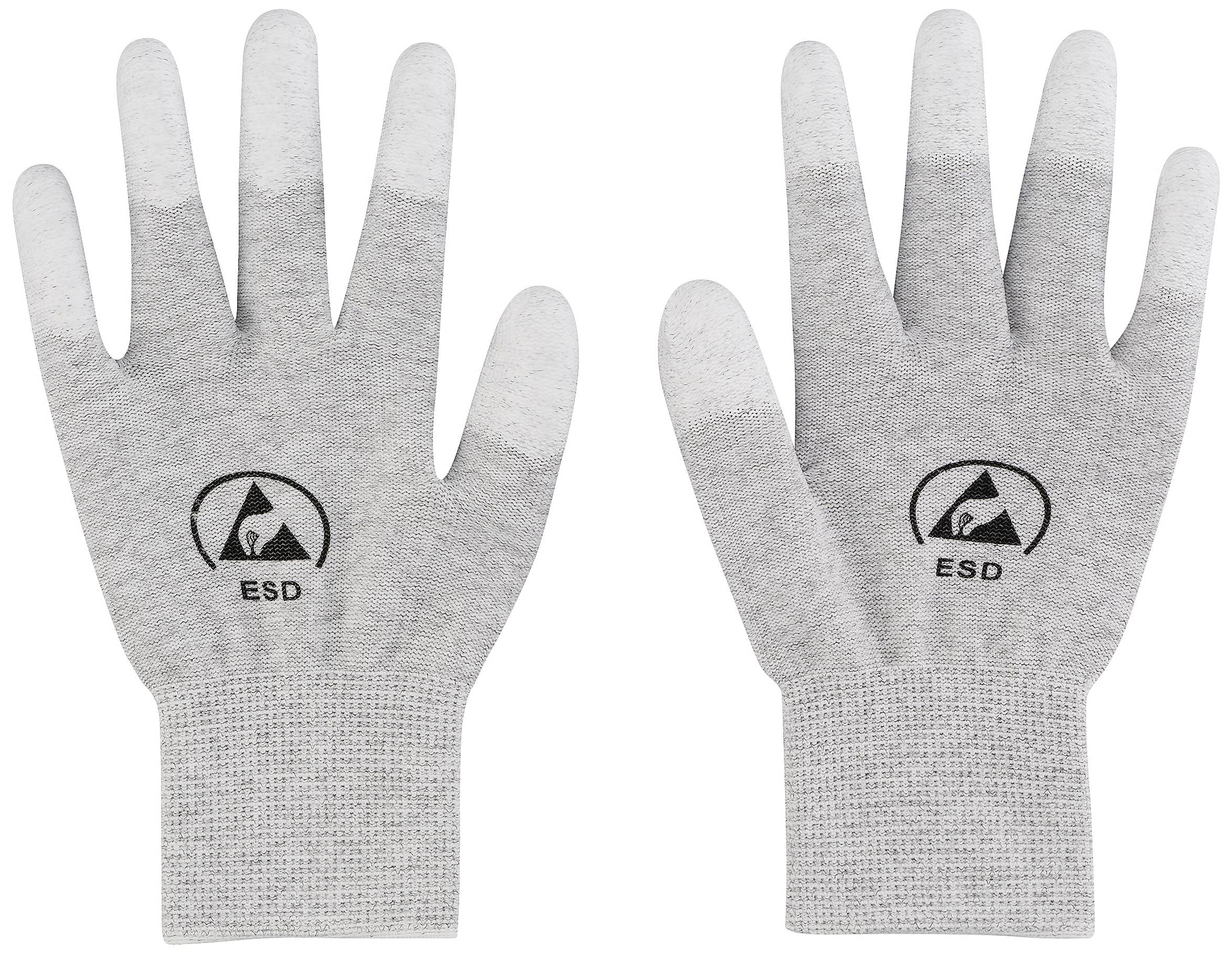 Two grey ESD gloves with logo and text 'ESD'. They are designed to protect against electrostatic discharge.