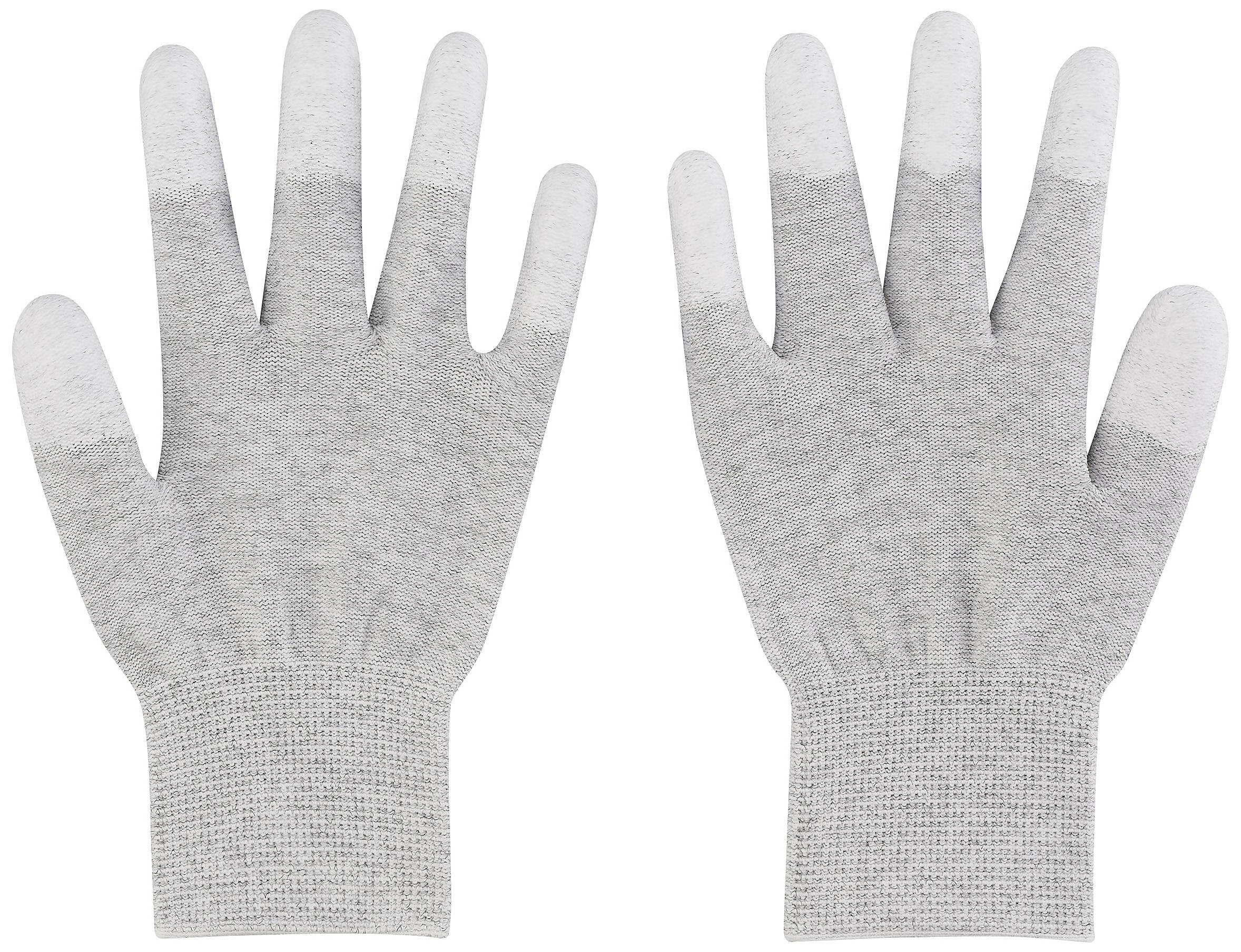 Two grey gloves with reinforced fingertips are lying side by side.