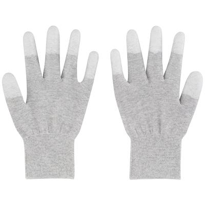 Two grey gloves with reinforced fingertips are lying side by side.