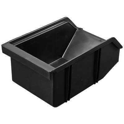 A black plastic container with a bevelled opening and raised edge, suitable for industrial applications or storage.