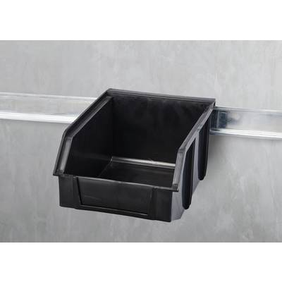 Black plastic storage box, hung on a metal rail on the wall. Box is empty.