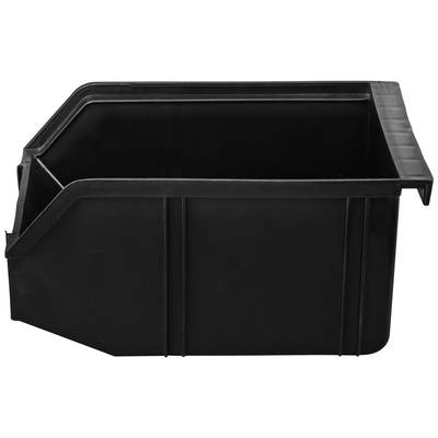 Plastic Storage Container, black, stackable, rectangular. Used for storing and organising various items.