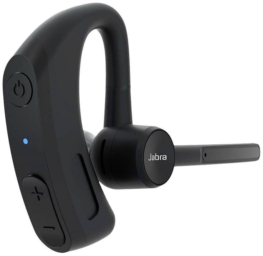 Black Jabra Bluetooth headset with microphone arm and volume control.