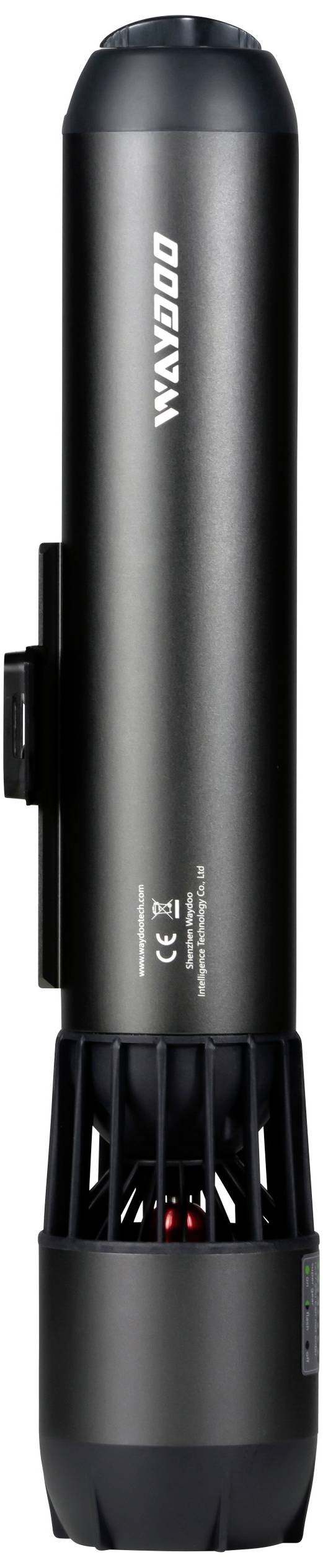 Black, cylindrical portable fan, vertically positioned, with the 'WINDGOO' logo. Suitable for outdoor or home use.