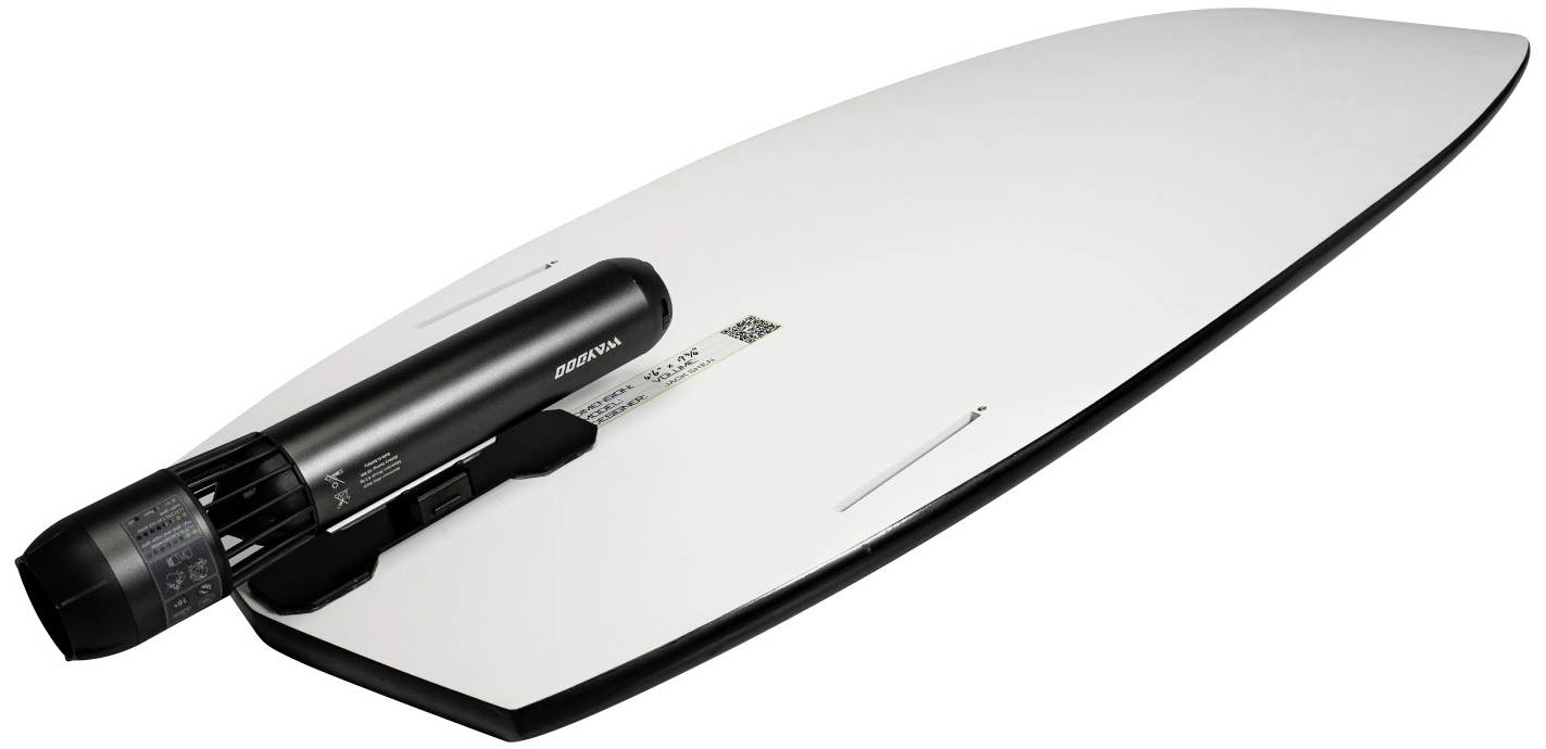 An electric surfboard with an integrated motor. The design is sleek and futuristic, perfect for high-speed water sports.