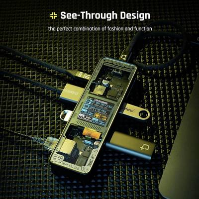 'See-Through Design' showcases a transparent gadget with visible components, promoted as stylish and functional.