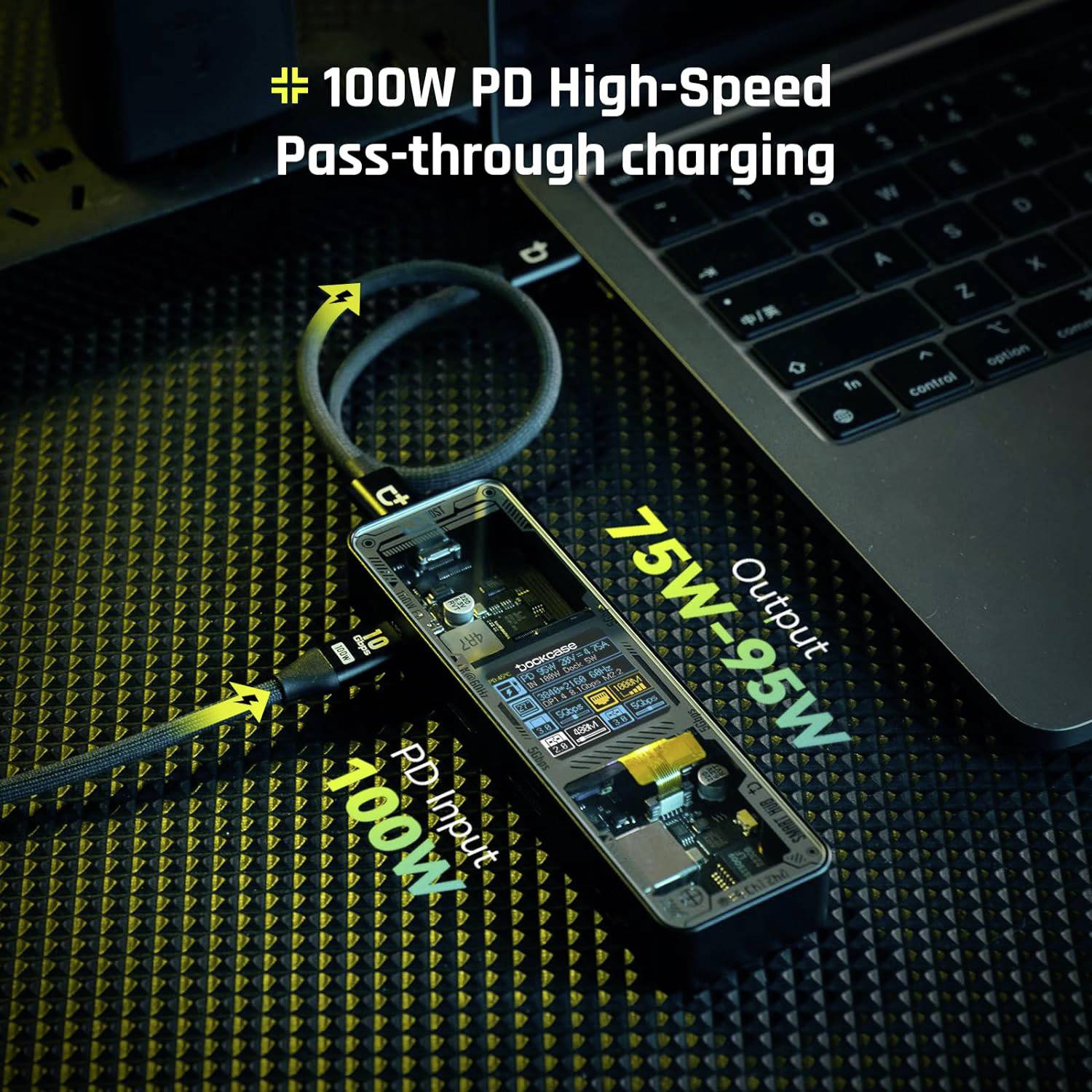 '100W PD High-Speed Pass-through Charging'. A USB-C hub transmits 100W to a connected device and forwards 75W-95W to another device.
