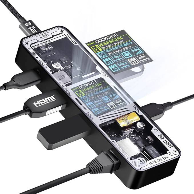 A transparent computer docking module with multiple ports; showing detailed internal components and a small display.