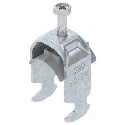 Metal pipe clamp labeled 'OBO 22-28', featuring a threaded screw for tightening, designed to secure pipes or cables.