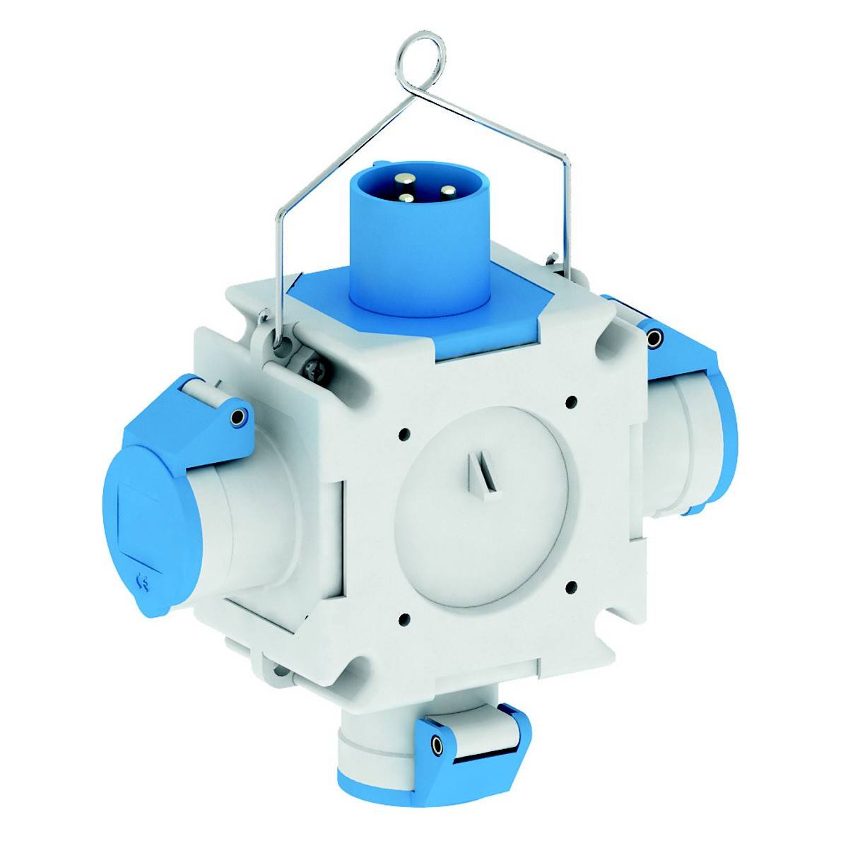 A white and blue, cube-shaped multi-socket plug adapter with several sockets and a hook on the top surface for hanging.