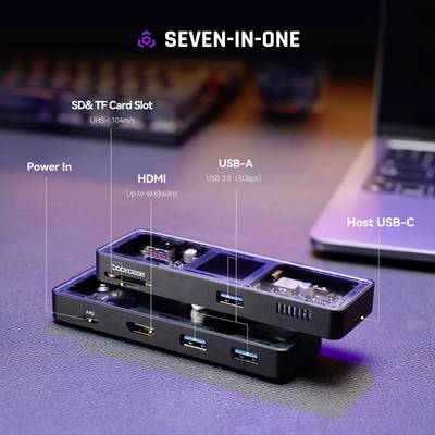 USB-C Hub offers seven ports: SD/TF card reader, HDMI (up to 4K@60Hz), USB-A (USB 3.0, 5Gbps) and Host USB-C. Ideal for laptop expansion.