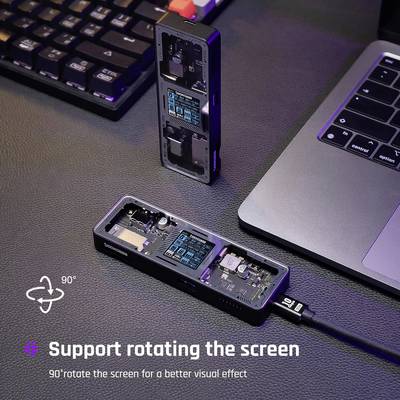 A laptop with an attached USB hub that can be rotated 90 degrees to enable a better visual representation.