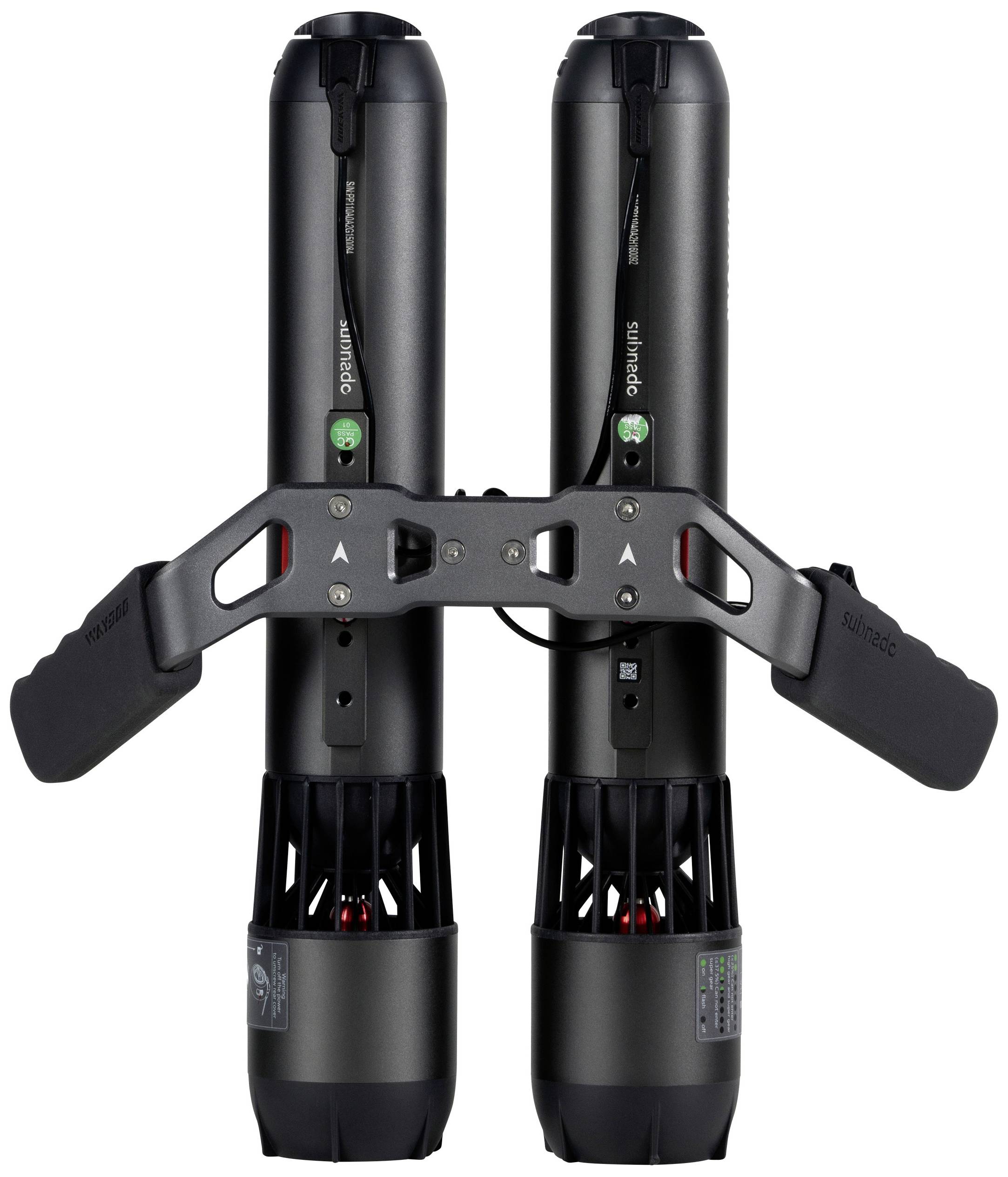 Two black underwater scooters with a robust design, arranged in parallel. They feature hand-operated controls and are equipped with technical details.