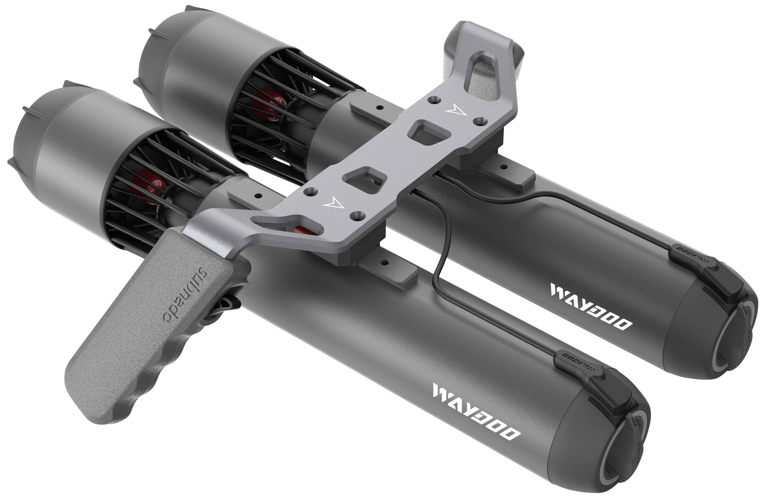 Waydoo Hydrofoil System: Two cylindrical flotation bodies with a lattice framework and grip handle for stabilising and steering the device on water.