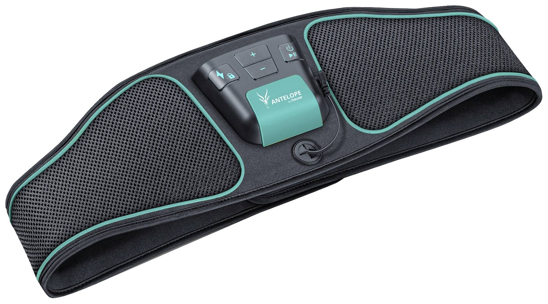 Black and green EMS belt with control elements in the centre, for muscle stimulation and fitness support.