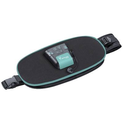 An EMS belt for muscle stimulation with a black surface and built-in control unit in turquoise and black.