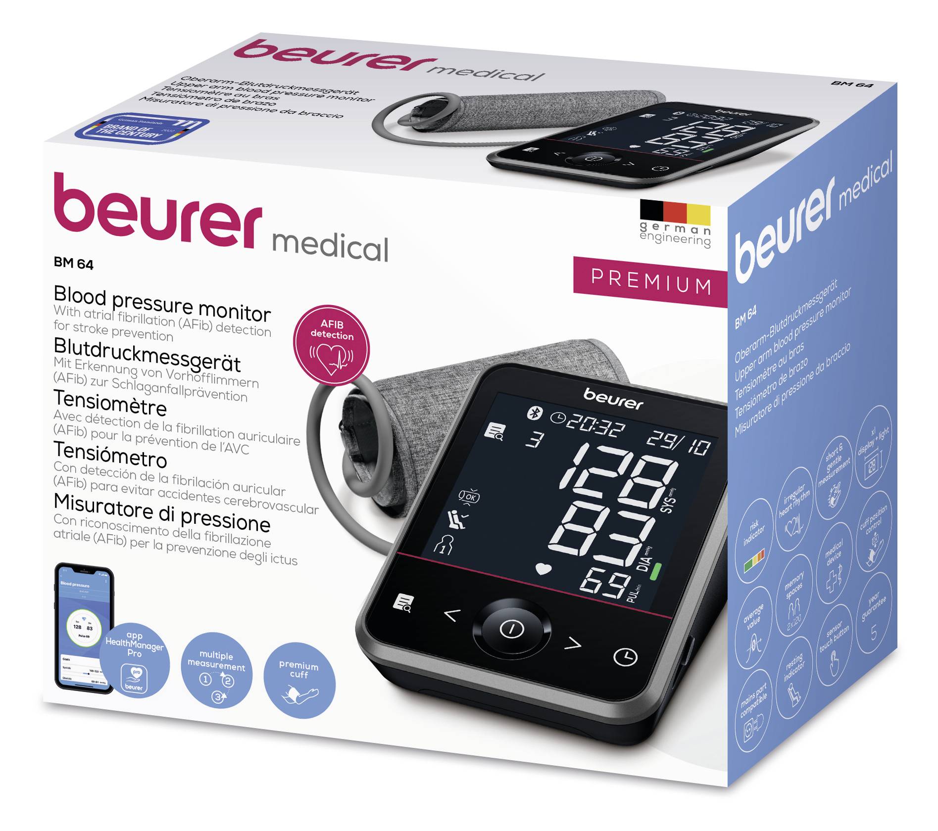 Beurer Medical Blood Pressure Monitor BM 64 [on packaging]<br><br>With image of the device, app icon, and text in both English and German.