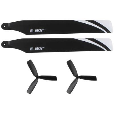 Two black helicopter rotor blades and two black propellers on a white background.