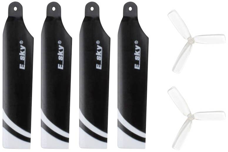 Four black rotor blades with white stripes alongside two transparent propellers, suitable for model helicopters.