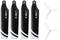 Four black rotor blades with white stripes alongside two transparent propellers, suitable for model helicopters.