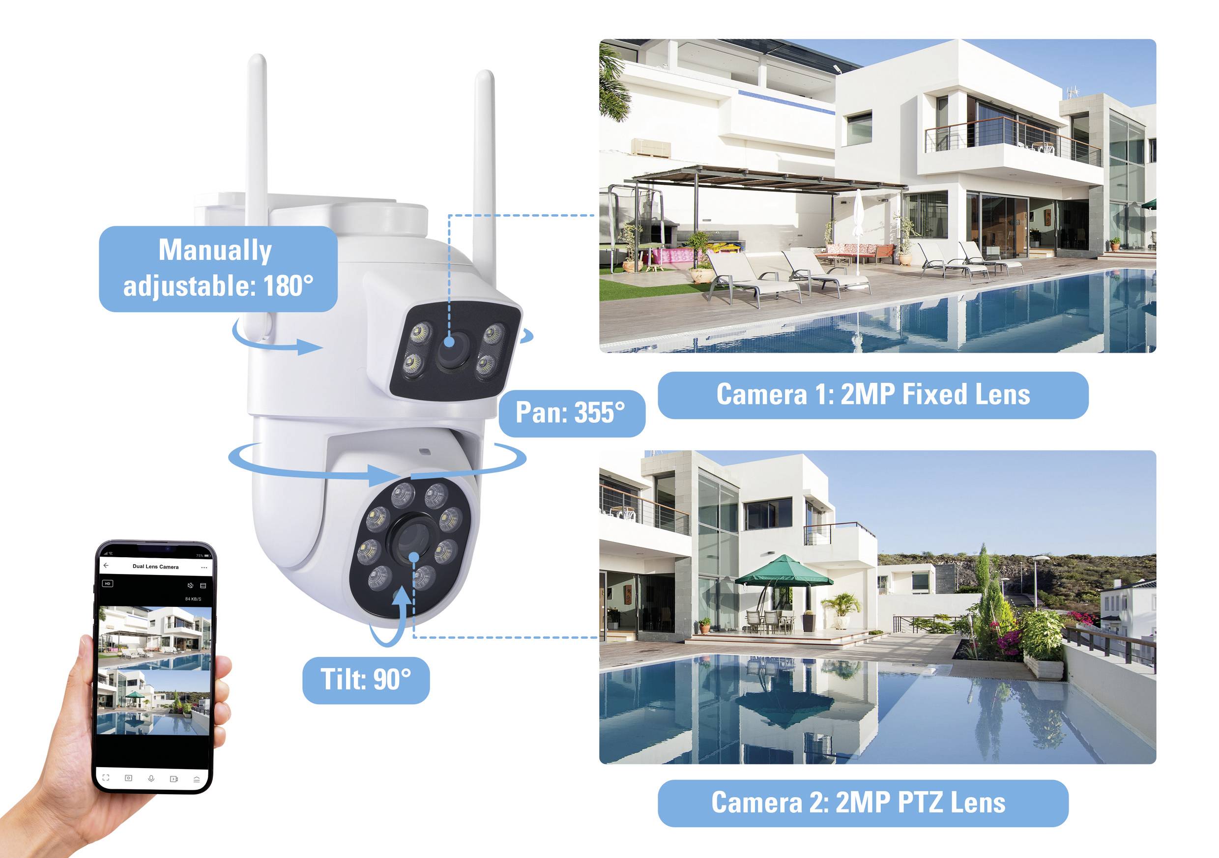 Camera with 180° manually adjustable tilt, rotation range of 355°. Includes 2MP fixed and 2MP PTZ lens. App-controlled surveillance image.