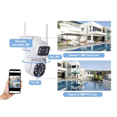 Camera with 180° manually adjustable tilt, rotation range of 355°. Includes 2MP fixed and 2MP PTZ lens. App-controlled surveillance image.